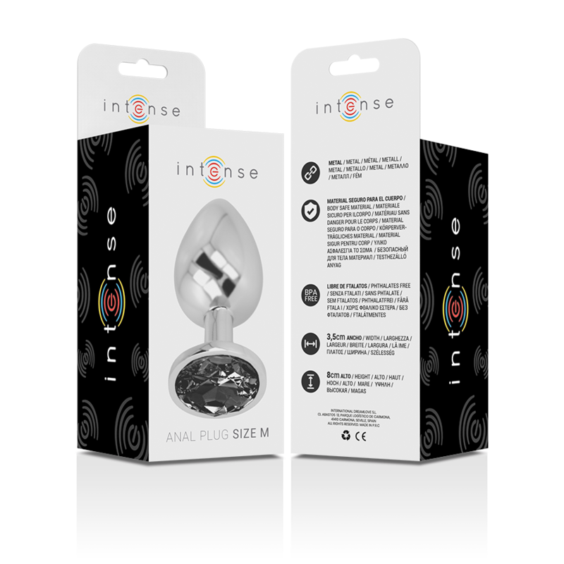 INTENSE - PLUG ANAL EM METAL ALUMÍNIO COM CRISTAL PRETO TAM. M
