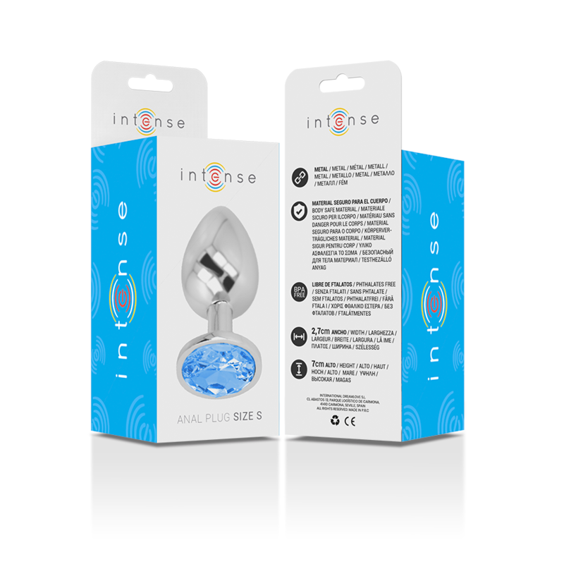 INTENSE - PLUG ANAL EM METAL ALUMÍNIO COM CRISTAL AZUL TAM. S