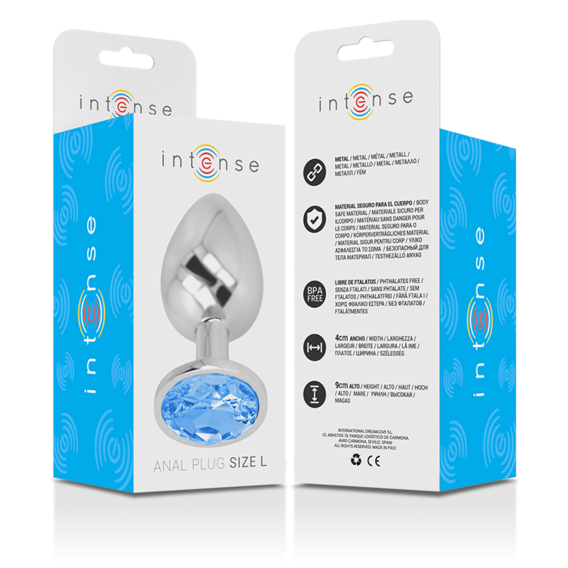 INTENSE - PLUG ANAL EM METAL ALUMÍNIO COM CRISTAL AZUL TAM. L