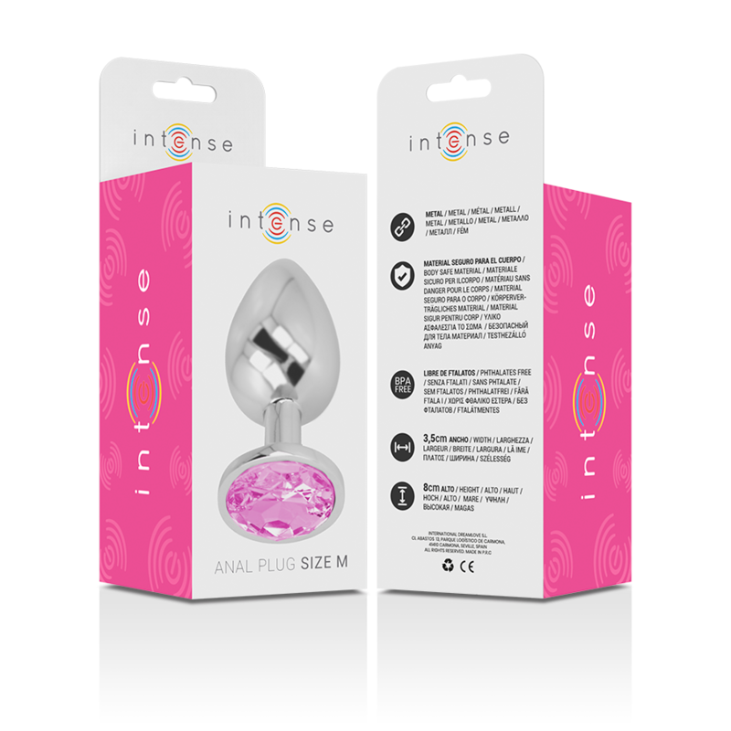 INTENSE - PLUG ANAL EM METAL ALUMÍNIO COM CRISTAL ROSA TAM. M