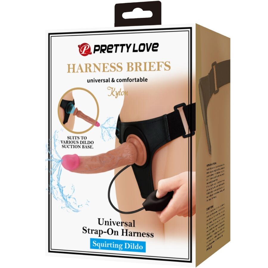 PRETTY LOVE - KYTON HARNESS BRIEFS UNIVERSAL COM DILDO SQUIRTING 19 CM CASTANHO