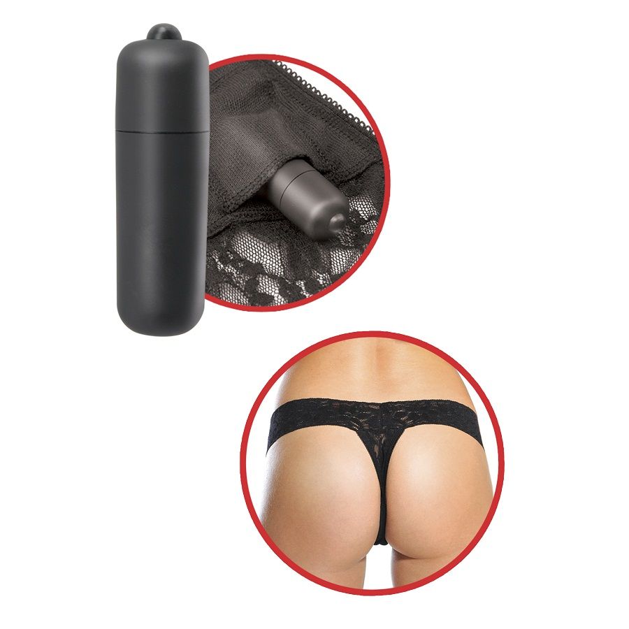 FETISH FANTASY SERIES - TANGA DE RENDA PRETA COM VIBRADOR