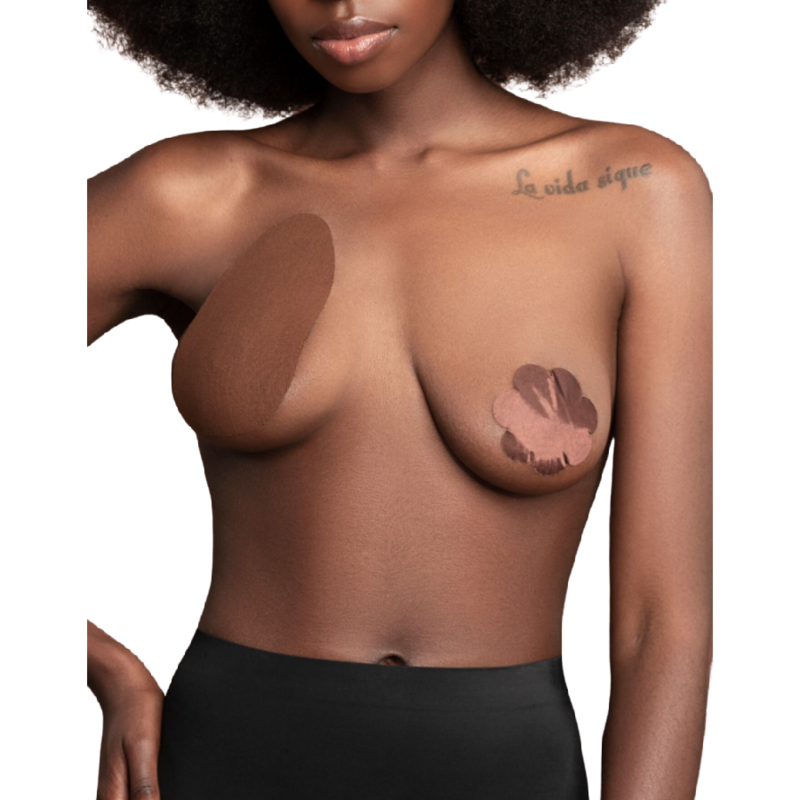BYE-BRA - BREAST LIFT + 3 PAIRS OF NIPPLE COVERS IN BEIGE SATIN A/C CUP