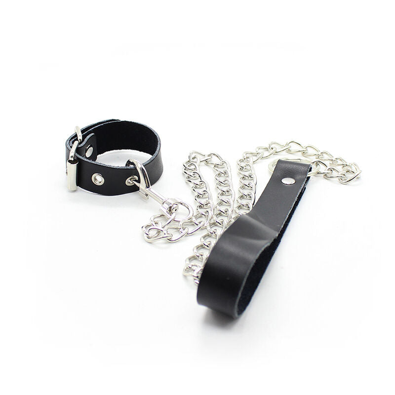 OHMAMA FETISH - COLAR PENIANO EM PELE COM CORREIA E CORRENTE METÁLICA