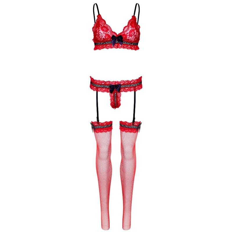 LEG AVENUE - CONJUNTO TRÊS PEÇAS DE RENDA TAMANHO ÚNICO - VERMELHO