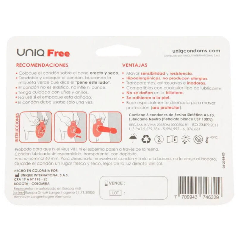 UNIQ - FREE PRESERVATIVOS COM ARO PROTECTOR SEM LÁTEX 3 UNIDADES - Sex Shop Sexy