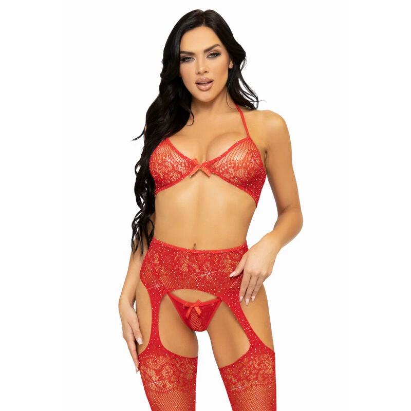 CONJUNTO DE TRÊS PEÇAS SUTIÃ, TANGA E MEIAS - Sex Shop Sexy