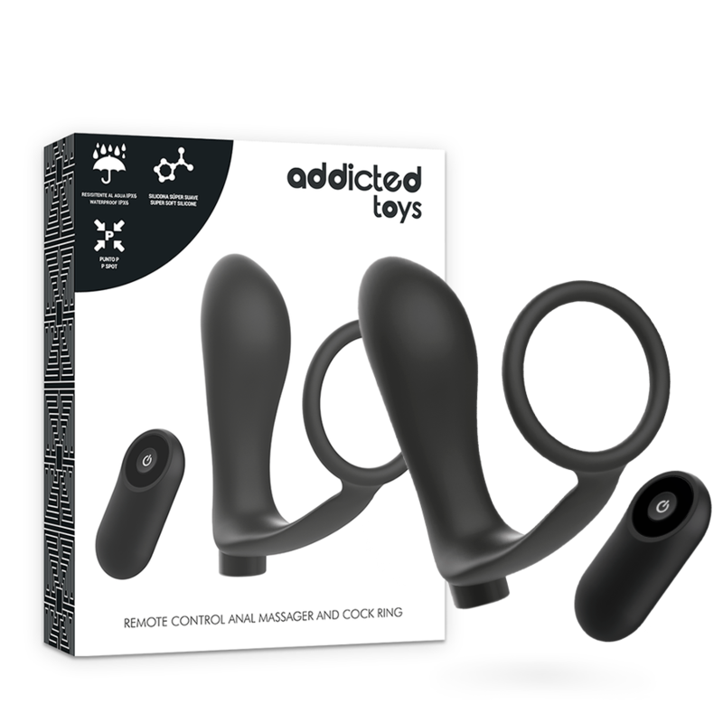 ADDICTED TOYS - ANEL PARA PÊNIS COM PLUG ANAL COM CONTROLO REMOTO RECARREGÁVEL PRETO