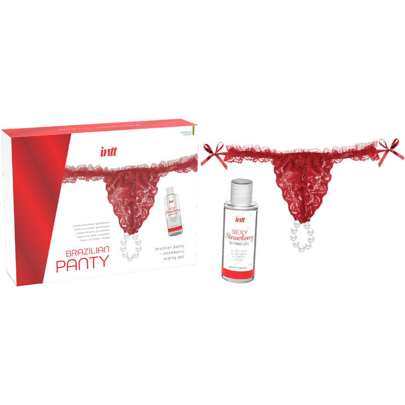 INTT RELEASES - CUECA BRASILEIRA VERMELHA COM PÉROLAS E GEL LUBRIFICANTE 50 ML