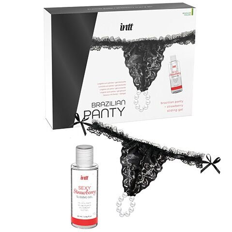 INTT RELEASES - CUECA BRASILEIRA PRETA COM PÉROLAS E GEL LUBRIFICANTE 50 ML