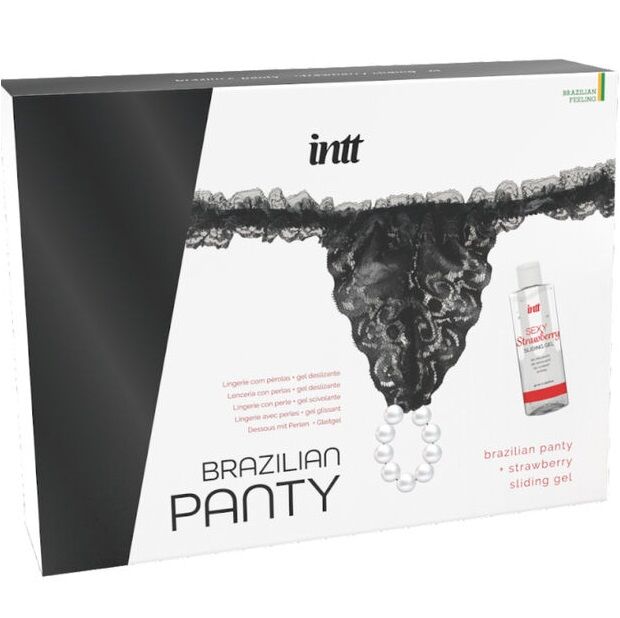 INTT RELEASES - CUECA BRASILEIRA PRETA COM PÉROLAS E GEL LUBRIFICANTE 50 ML