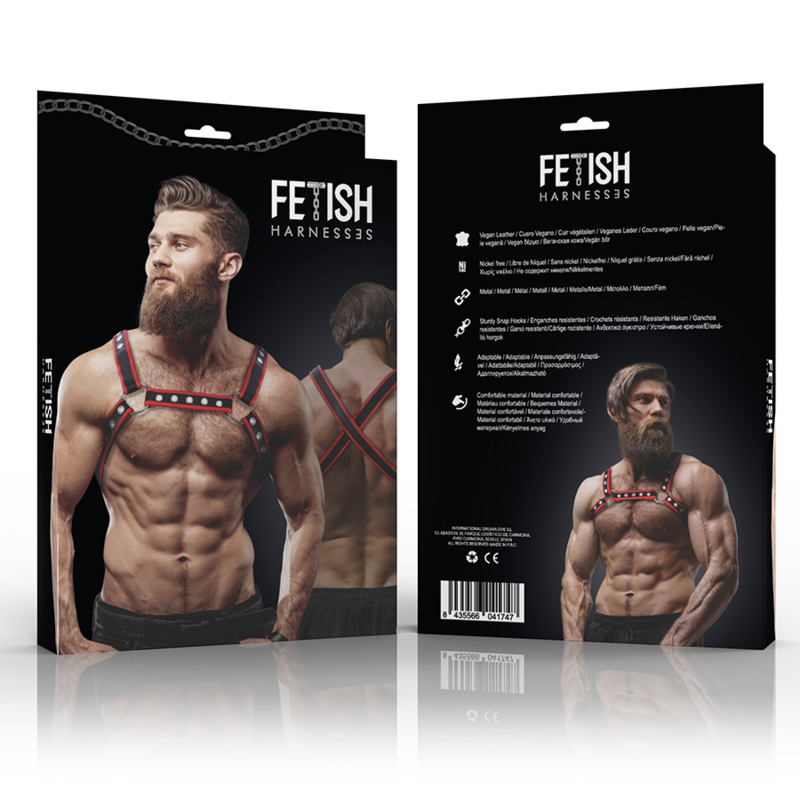 FETISH SUBMISSIVE ATTITUDE - PEITORAL DE COURO ECOLÓGICO MASCULINO BULLDOG ARNÊS PRETO/VERMELHO