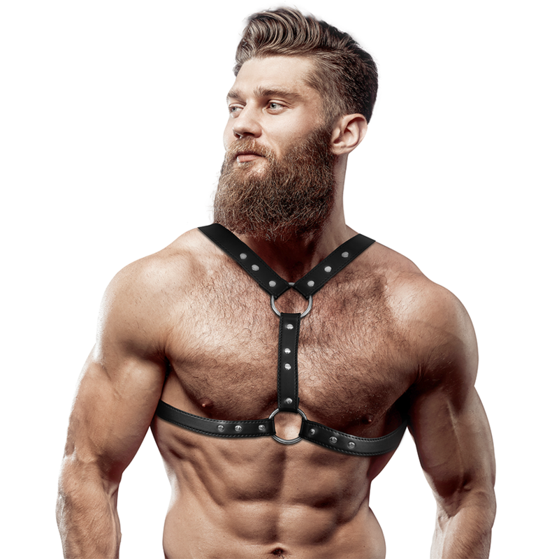 FETISH SUBMISSIVE ATTITUDE – ARNÊS DE PEITO COM DUPLA FIXAÇÃO E TACHAS EM ECOPIEL HOMEM
