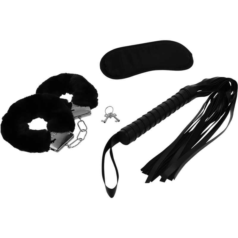 INTENSE - FETISH CONJUNTO ERÓTICO 1 COM ALGEMAS, MÁSCARA E CHICOTE EM COURO VEGANO