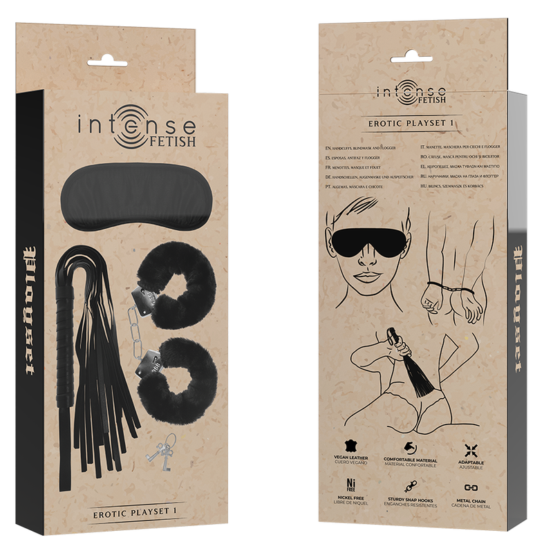 INTENSE - FETISH CONJUNTO ERÓTICO 1 COM ALGEMAS, MÁSCARA E CHICOTE EM COURO VEGANO
