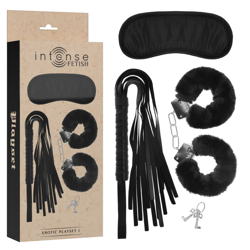 INTENSE - FETISH CONJUNTO ERÓTICO 1 COM ALGEMAS, MÁSCARA E CHICOTE EM COURO VEGANO