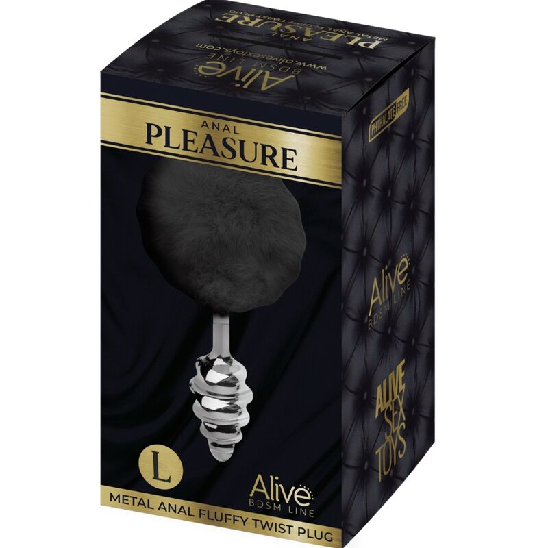Alive - Plug De Prazer Anal Espiral Metal Fluffy Preto Tamanho L