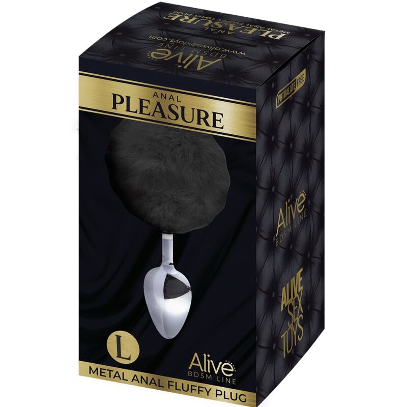 Alive - Plug De Prazer Anal Metal Liso Fluffy Preto Tamanho L