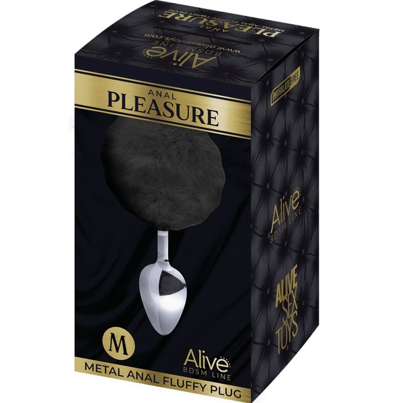 Alive - Plug Prazer Anal Metal Liso Fluffy Preto Tamanho M