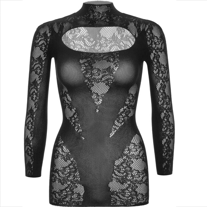 LEG AVENUE - MINI-VESTIDO EM RENDA DE MANGA COMPRIDA PRETO