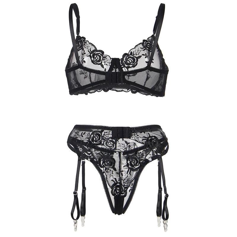 CONJUNTO DE 3 PEÇAS SUTIÃ + TANGA + LIGA ESTAMPADO FLORAL MODA ÍNTIMA FEMININA ONLINE - Sex Shop Sexy