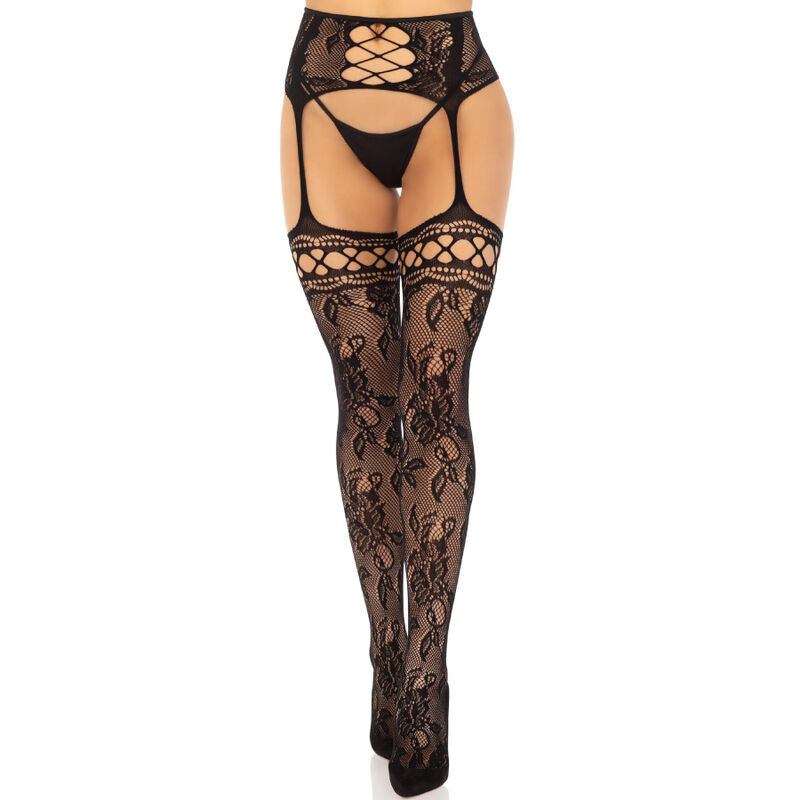LEG AVENUE - MEIAS COM LIGAS EM RENDA FLORAL PRETO