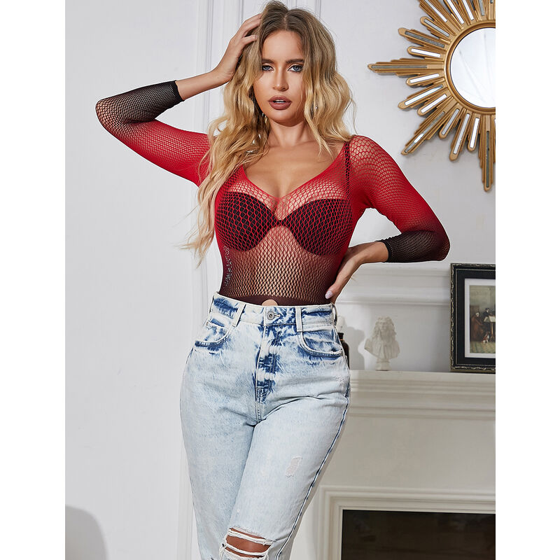 SUBBLIME - 952259 VESTIDO EM REDE ELÁSTICA MANGA COMPRIDA DEGRADÉ VERMELHO E PRETO TAMANHO ÚNICO