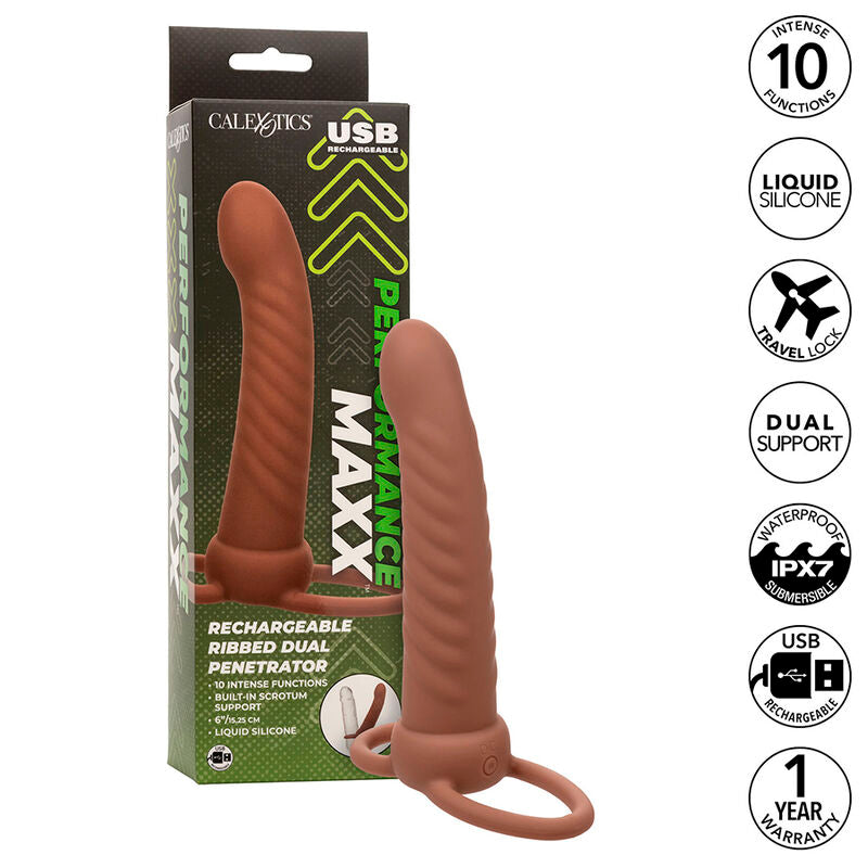 CALEXOTICS - MAXX DUPLO PENETRADOR CANELADO 10 VIBRAÇÕES CASTANHO
