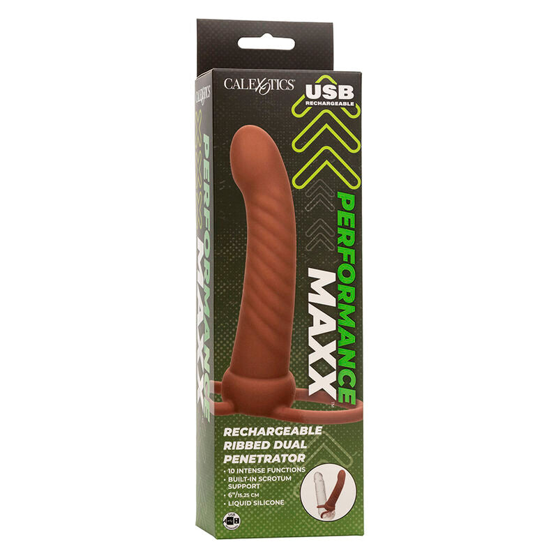 CALEXOTICS - MAXX DUPLO PENETRADOR CANELADO 10 VIBRAÇÕES CASTANHO