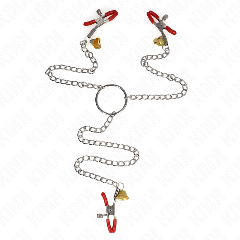 KINK - PINÇAS PARA MAMILOS E CLITÓRIS VERMELHAS COM CASCAVEL DOURADO E CORRENTE 30 CM