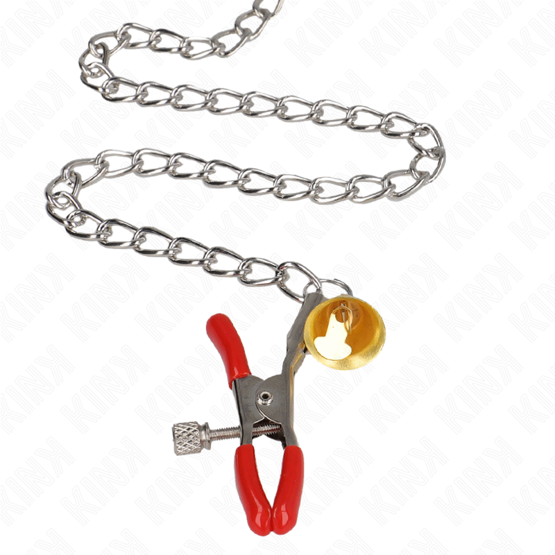 KINK - PINÇAS PARA MAMILOS E CLITÓRIS VERMELHAS COM CASCAVEL DOURADO E CORRENTE 30 CM