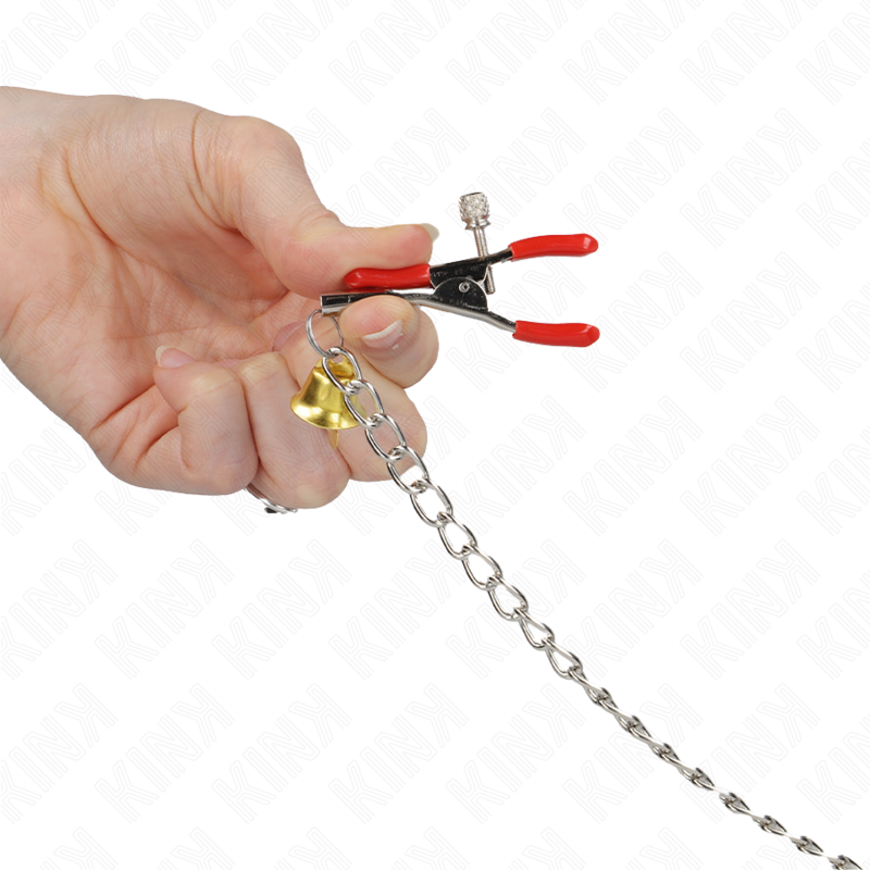 KINK - PINÇAS PARA MAMILOS E CLITÓRIS VERMELHAS COM CASCAVEL DOURADO E CORRENTE 30 CM