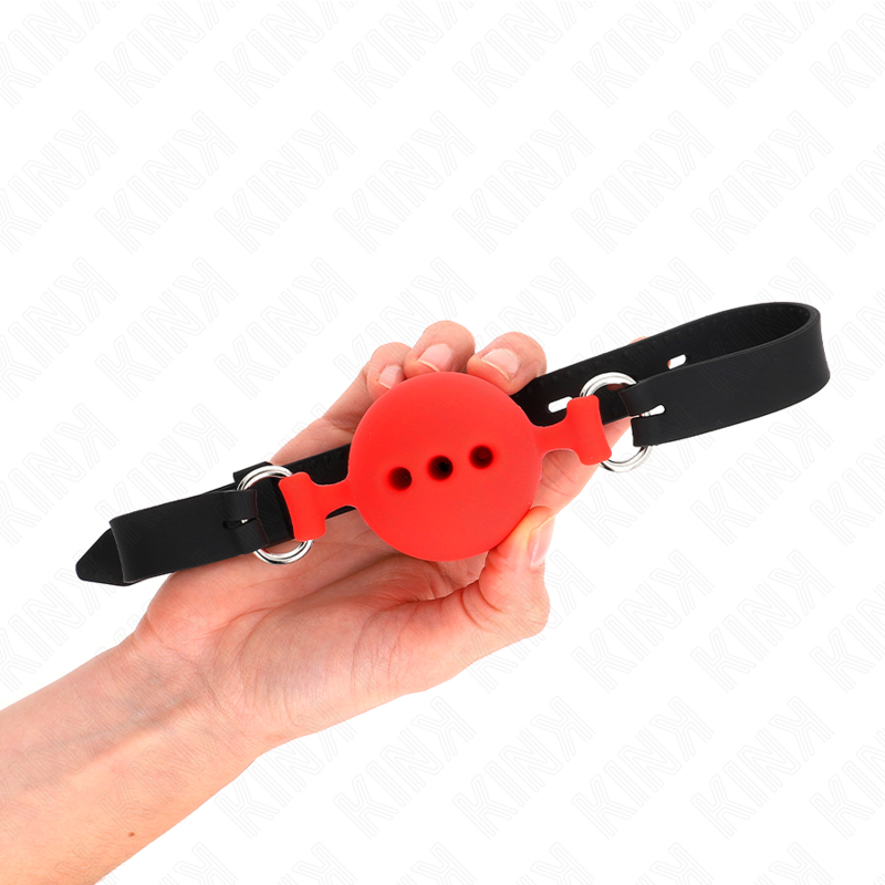 KINK - MORDAÇA 55 X 2 CM COM BOLA 5 CM EM SILICONE TAMANHO L VERMELHA AJUSTÁVEL 35-51 CM