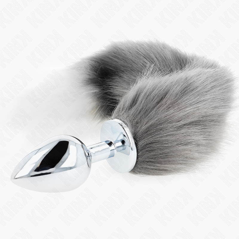KINK - PLUG ANAL TAM. L 10 X 4 CM COM CAUDA SINTÉTICA 40 CM PRATEADA E BRANCA