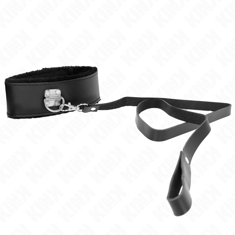 KINK - COLAR COM TRELA 116 CM EM PELE PRETA AJUSTÁVEL 40-48 CM X 6 CM