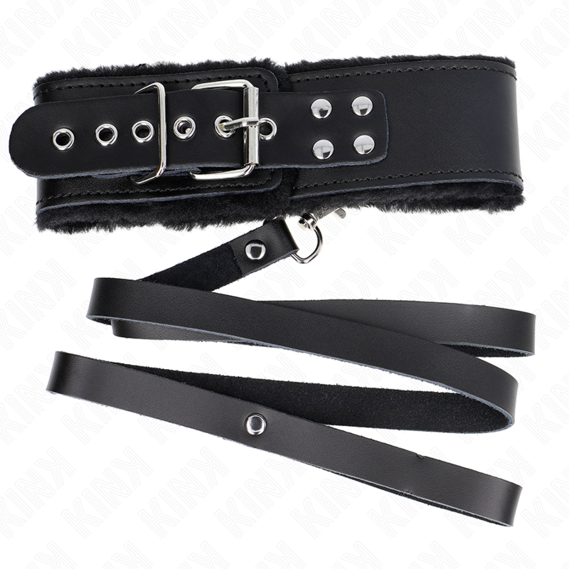 KINK - COLAR COM TRELA 116 CM EM PELE PRETA AJUSTÁVEL 40-48 CM X 6 CM