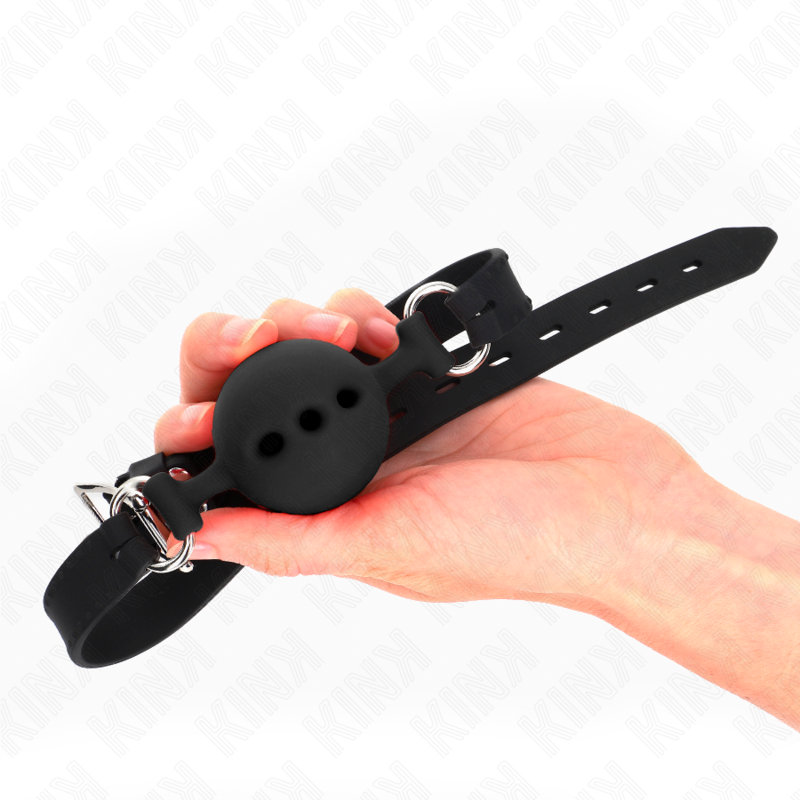 KINK - MORDAÇA 55 X 2 CM COM BOLA 5 CM EM SILICONE TAMANHO L PRETA AJUSTÁVEL 35-51 CM