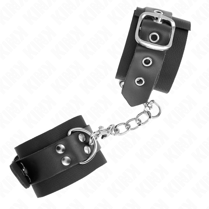 KINK - ALGEMAS EM NYLON PRETO COM CORREIA EM COURO PRETO AJUSTÁVEL 19-29 CM X 5.1 CM