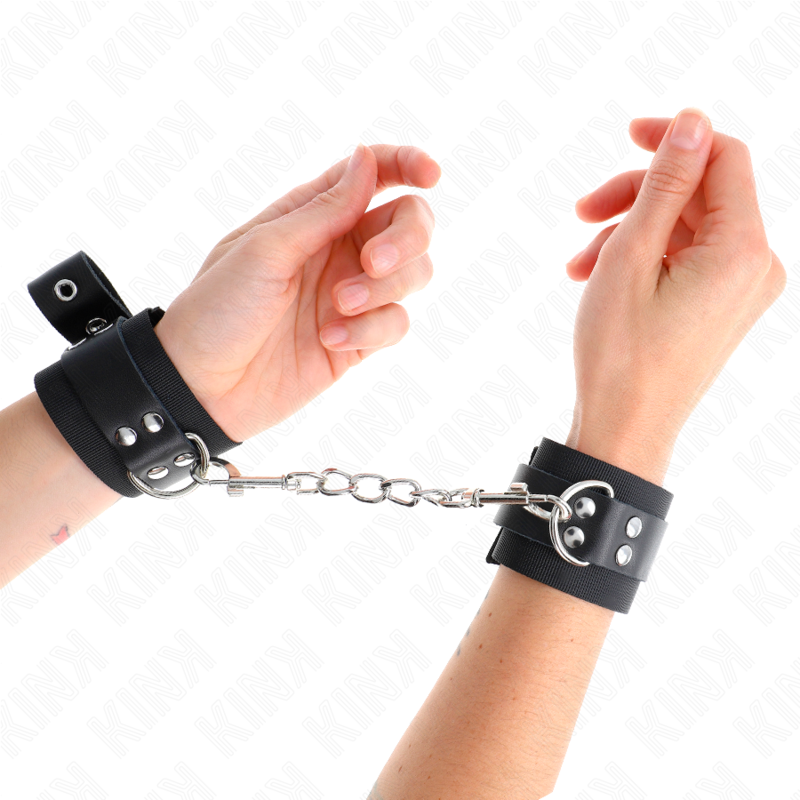 KINK - ALGEMAS EM NYLON PRETO COM CORREIA EM COURO PRETO AJUSTÁVEL 19-29 CM X 5.1 CM