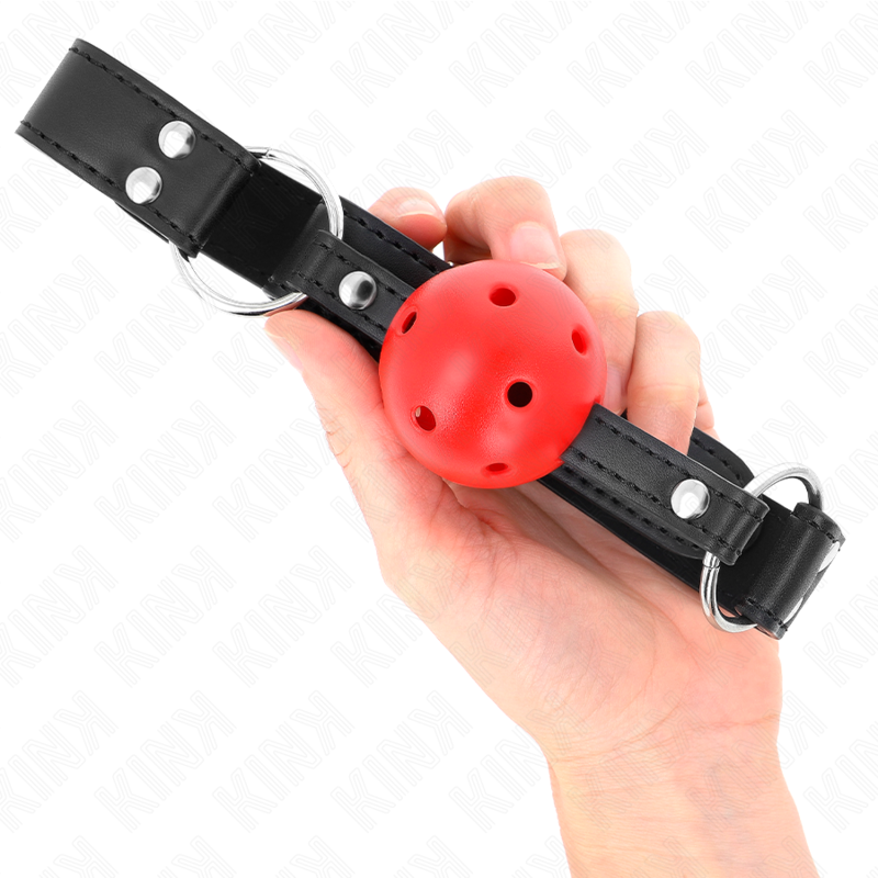 KINK - MORDAÇA DE BOLA 4 CM TRANSPIRÁVEL COM DUPLO REBITE EM COURO 62 X 2.5 CM AJUSTÁVEL 42-58 CM