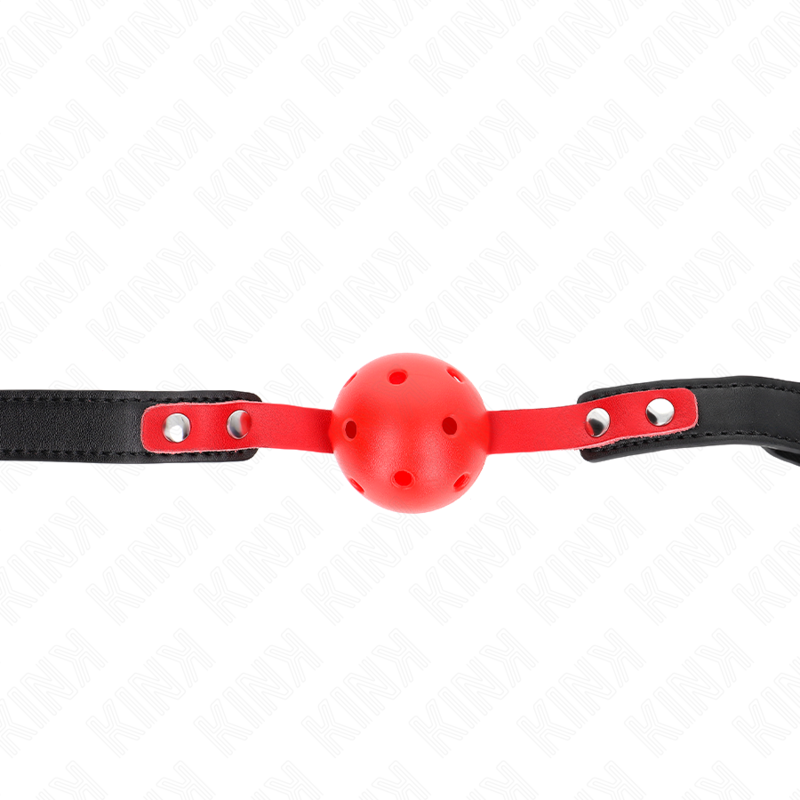 KINK - MORDAÇA DE BOLA 4 CM DURA E VAZADA VERMELHA COM CORREIA PRETA 60 X 2 CM AJUSTÁVEL 37-52 CM