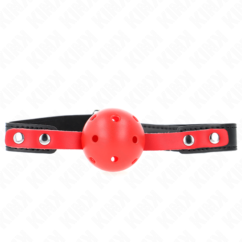 KINK - MORDAÇA DE BOLA 4 CM DURA E VAZADA VERMELHA COM CORREIA PRETA 60 X 2 CM AJUSTÁVEL 37-52 CM