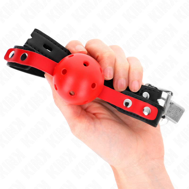 KINK - MORDAÇA DE BOLA 4 CM DURA E VAZADA VERMELHA COM CORREIA PRETA 60 X 2 CM AJUSTÁVEL 37-52 CM