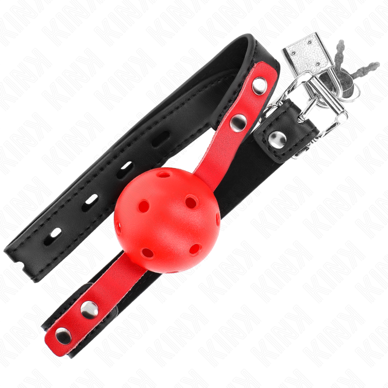 KINK - MORDAÇA DE BOLA 4 CM DURA E VAZADA VERMELHA COM CORREIA PRETA 60 X 2 CM AJUSTÁVEL 37-52 CM