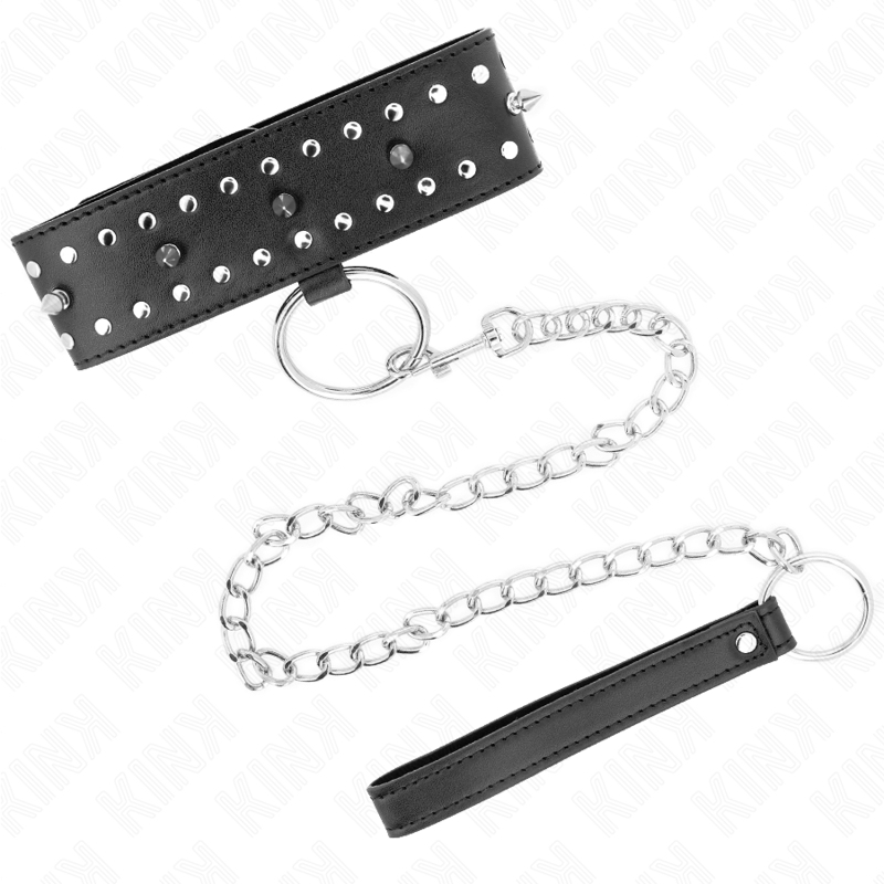 KINK - COLAR COM TRELA 65 CM COM TACHAS PRATEADAS MODELO 1 AJUSTÁVEL 36-43 CM X 5 CM