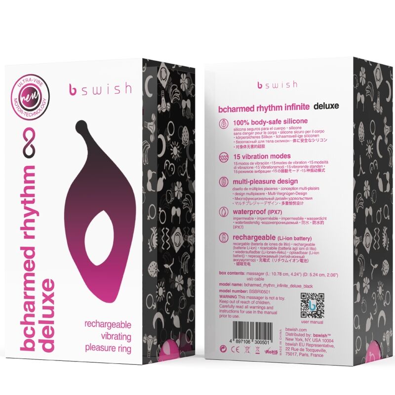 B SWISH - BCHARMED RHYTHM INFINITE DELUXE ANEL PENIANO 15 VIBRAÇÕES PRETO