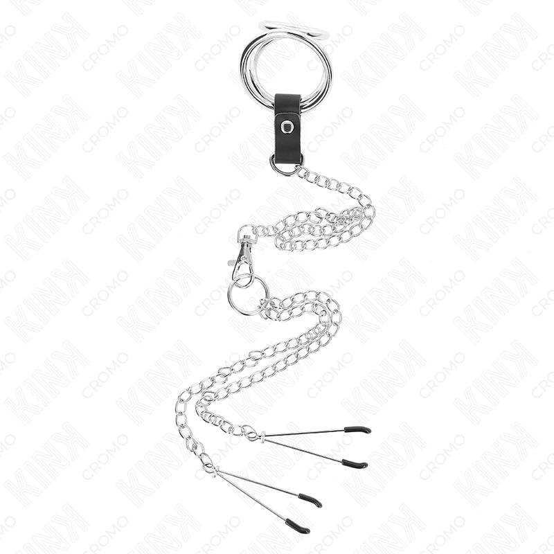 KINK - ANEL TRIPLO EM METAL CROMADO PARA PÊNIS 3 CM A 4,5 CM COM CORRENTE DE 26 CM E PINÇAS PARA MAMILOS