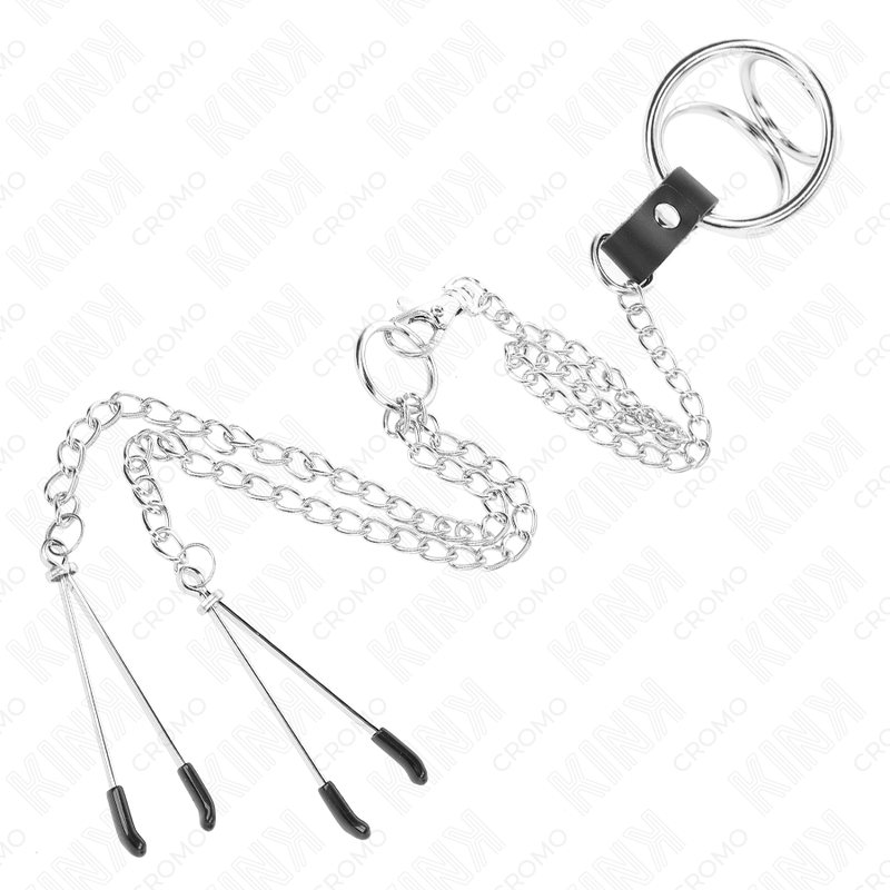 KINK - ANEL TRIPLO EM METAL CROMADO PARA PÊNIS 3 CM A 4,5 CM COM CORRENTE DE 26 CM E PINÇAS PARA MAMILOS