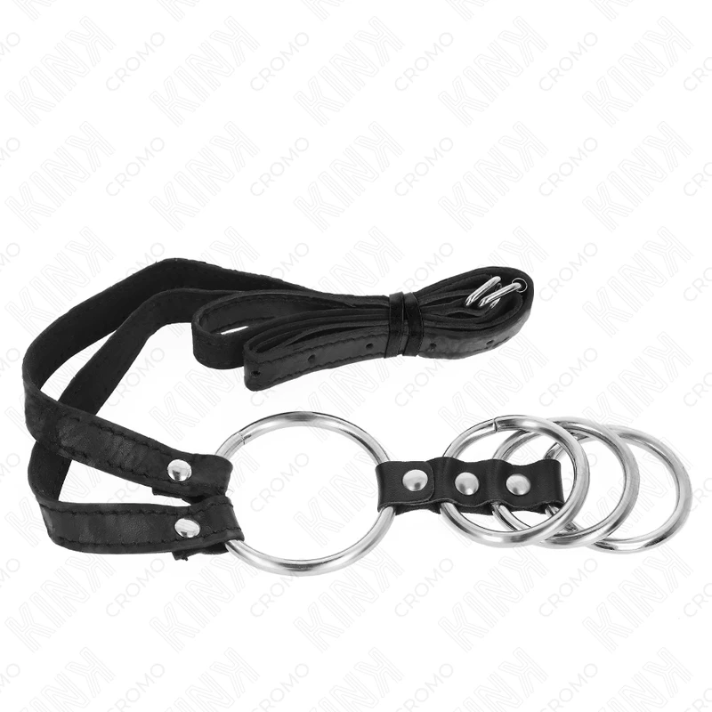 4 ANÉIS PÊNIS METAL CONECTADOS 3,8 CM A 5 CM COM CINTO DE PELE SINTÉTICA 112 CM. - Sex Shop Sexy
