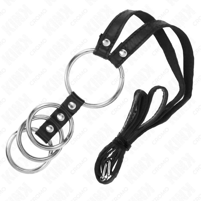 4 ANÉIS PÊNIS METAL CONECTADOS 3,8 CM A 5 CM COM CINTO DE PELE SINTÉTICA 112 CM. - Sex Shop Sexy